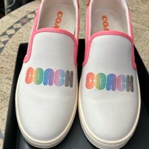 Coach White Slip-On Shoes with Multicolor Logo